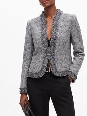 Escada Silk, Cashmere & Wool Blend Black and White Tweed Ruffle‎ Button Blazer
